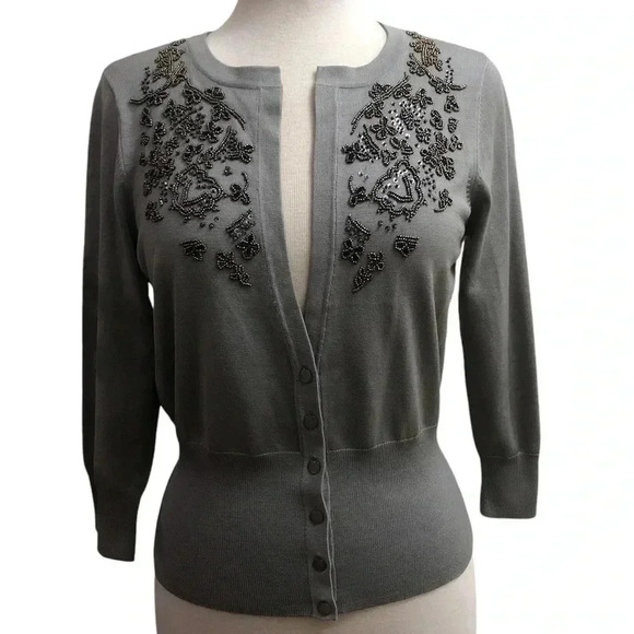 Talbots Classic Gray Silk Blend Plunging Floral Beaded Buttons Cardigan- NWT - Picture 1 of 8